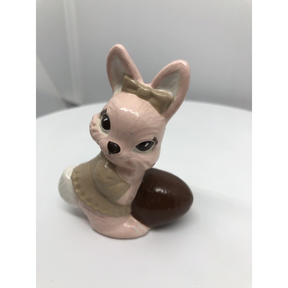 Vintage Pink Bunny With A‎ Brown Chocolate Easter Egg Figure White Cottontail
